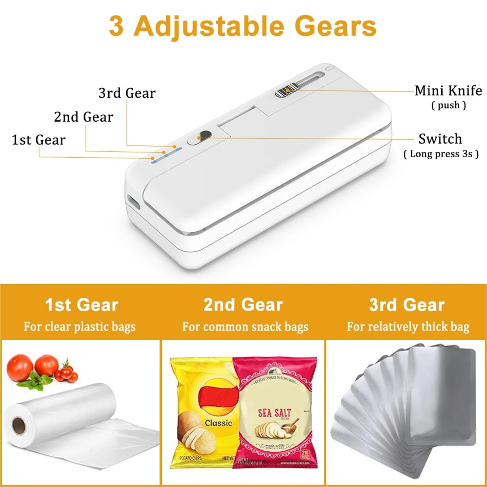 Máquina selladora al vacío, Mini Sellador De Bolsas Plástico, Máquina Sellado Térmico, Envasado Alimentos, Clip Mano Recargable,Selladora de alimentos(White)