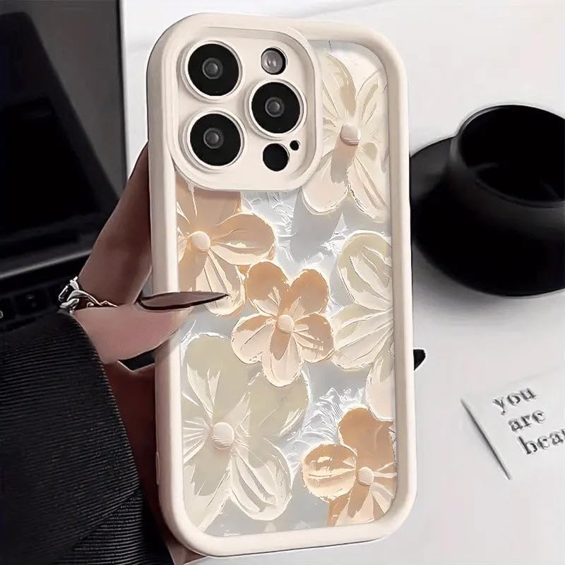 Image of COVERLY Cream Floral Back Case Cover for iPhone 12 Pro | 3D Handpainted Flower Cute Design | Camera Lens Protection | Soft TPU Silicone Aesthetic Print Cover for Girls & Women (White, Shockproof)