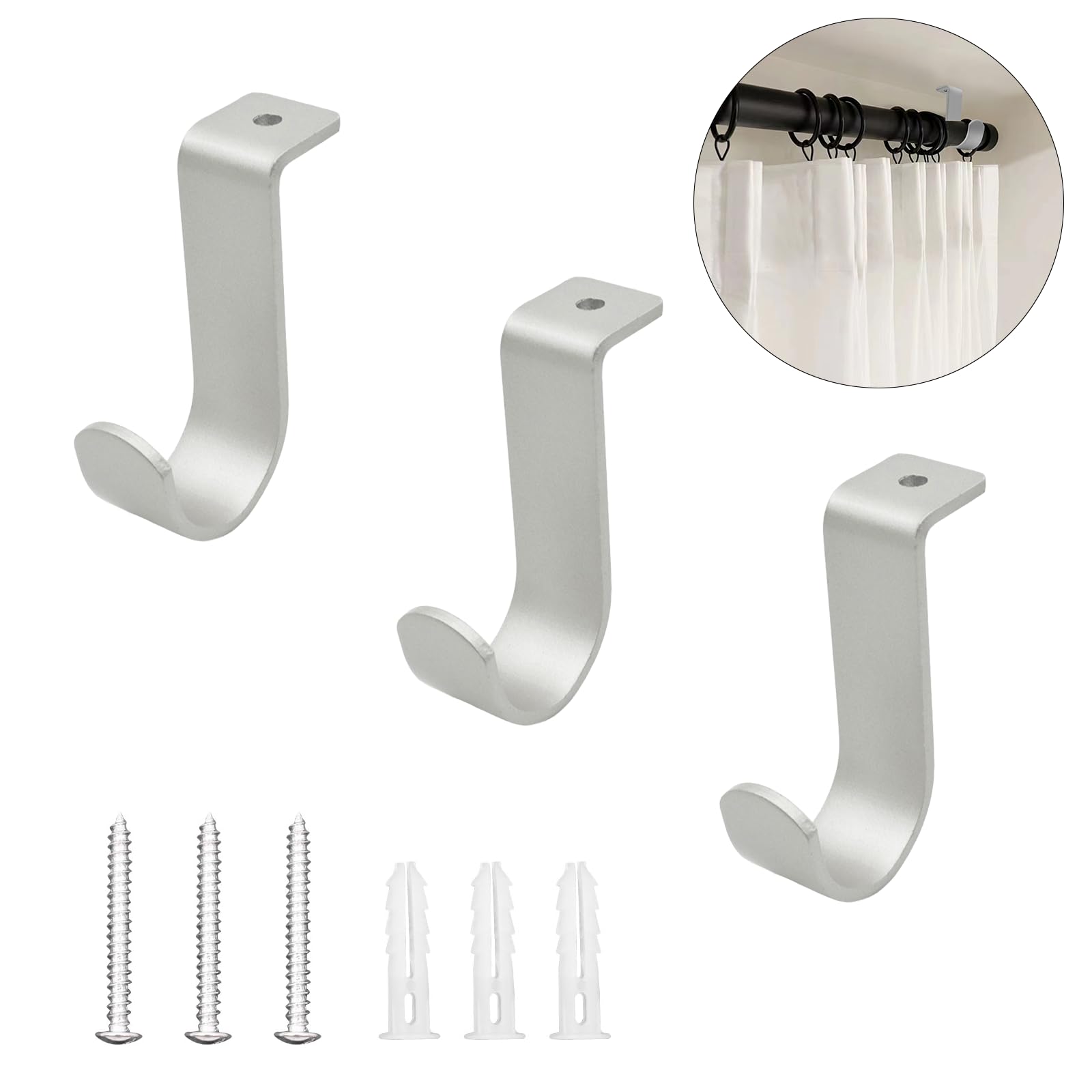 Shonmogar Ceiling Curtain Rod Brackets 3 Pack Metal Holders with Screws,Ceiling Mount Brackets for 1 Inch Rod, Sturdy Hooks for Bedroom Living Room