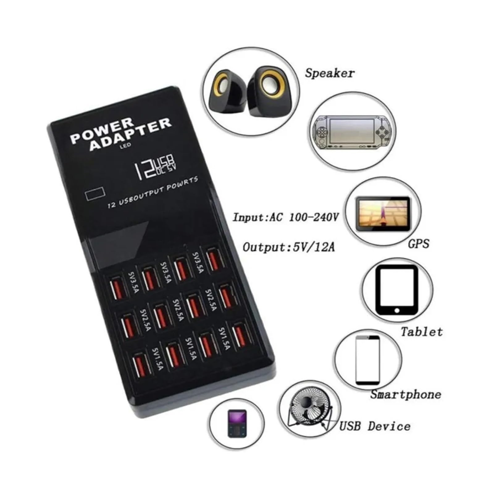 Rapide Chargeur, Station de Chargeur Hub Multi-Ports 60WUSB, 12 Ports, Chargeur Mural Intelligent, Station de Charge Rapide,Chargeur USB Voyage/Haute Vitesse