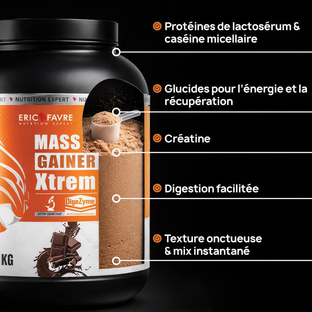 MASS GAINER XTREM avec CREATINE - Gainer Prise de Masse - 433 kcal, 94g Glucides, 3g Créatine, Whey + Digezyme - 3kg - Saveur Chocolat - Eric Favre