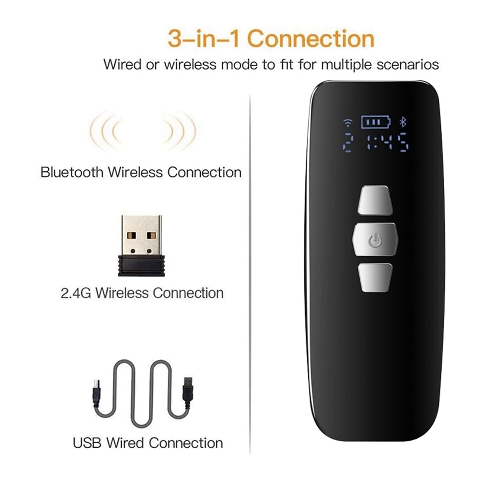 1D QR 2D Escáner de código de Barras inalámbrico Bluetooth 2.4G Wireless USB Lector de códigos de Mini Barra con Cable con LCD Fecha de la Pantalla de la Matriz de escaneo(1D)