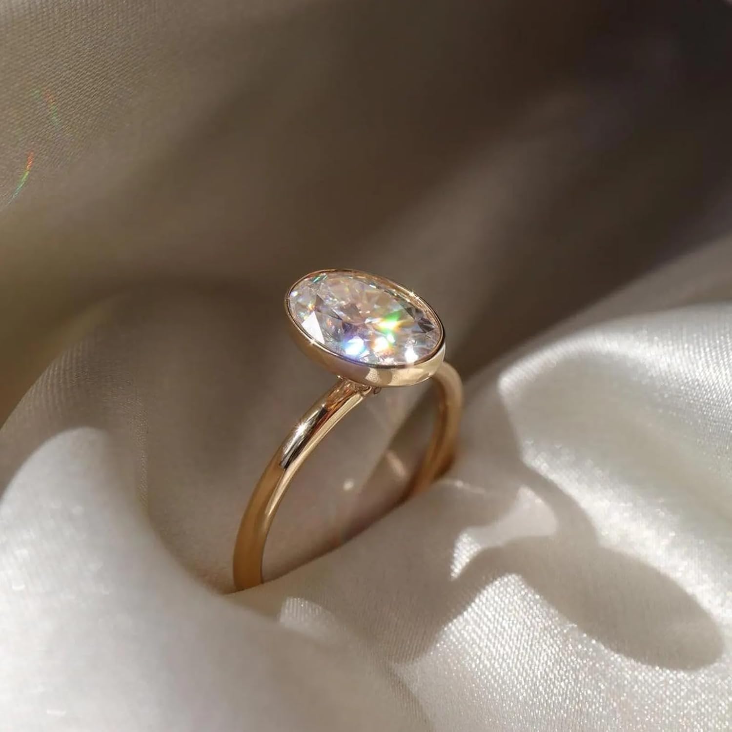 2 CT Oval Shape Moissanite Engagement Ring 14K Yellow Gold Single Stone Bezel Setting Perposal Ring For Women Minimalist Solitaire Anniversary Jewelry Gift For Her