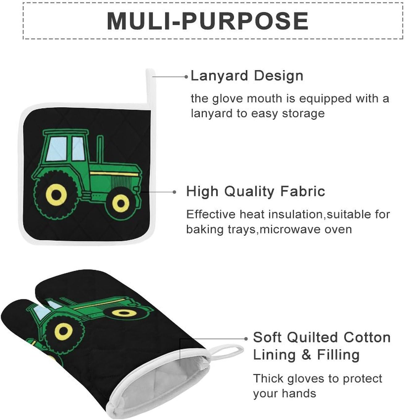 Farm Tractor Print Oven Mitts and Pot Holders 3 Piece Sets Heat Resistant Gloves Hot Pads Potholders for Kitchen Baking Cooking