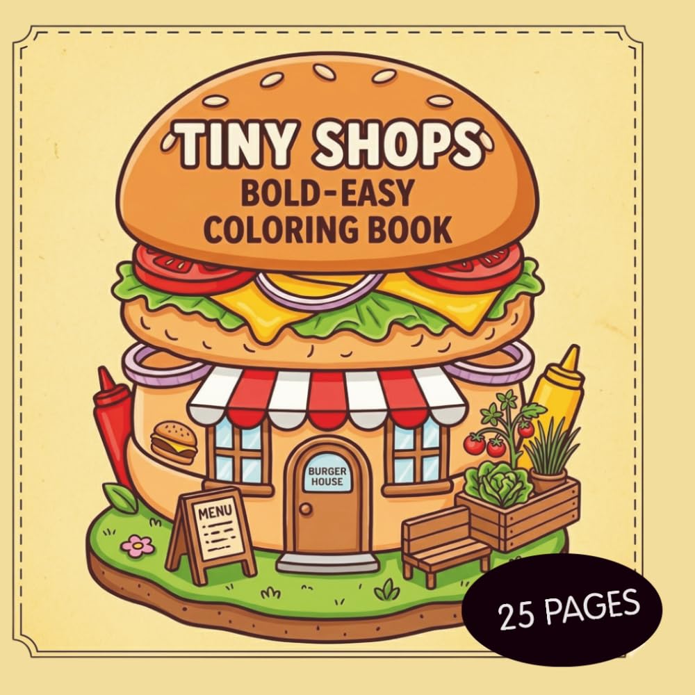 25 Tiny Shops Coloring Book: Cozy Kawaii Houses, Bold Easy Pages