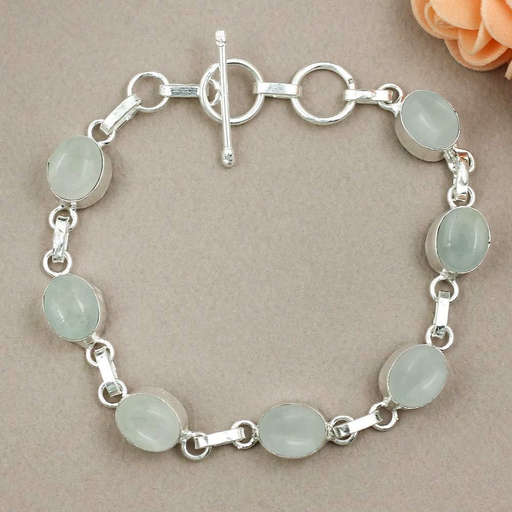 Oval Shape Natural Gemstones Statement Bracelet for Women - 925 Silver Plated Handmade Birthstone Bohemian Vintage Style Women's Jewelry Gifts for Wedding Anniversary Christmas Valentine's Day