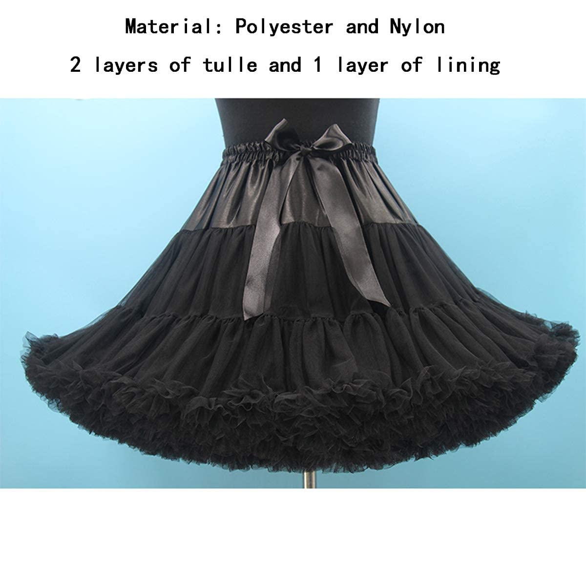 Damen Elastische Taille Tüll Petticoat Tutu Party Mehrschichtiger Puffy Cosplay Rock Unterrock, Länge 40 cm, Taille 56-100 cm Schwarz
