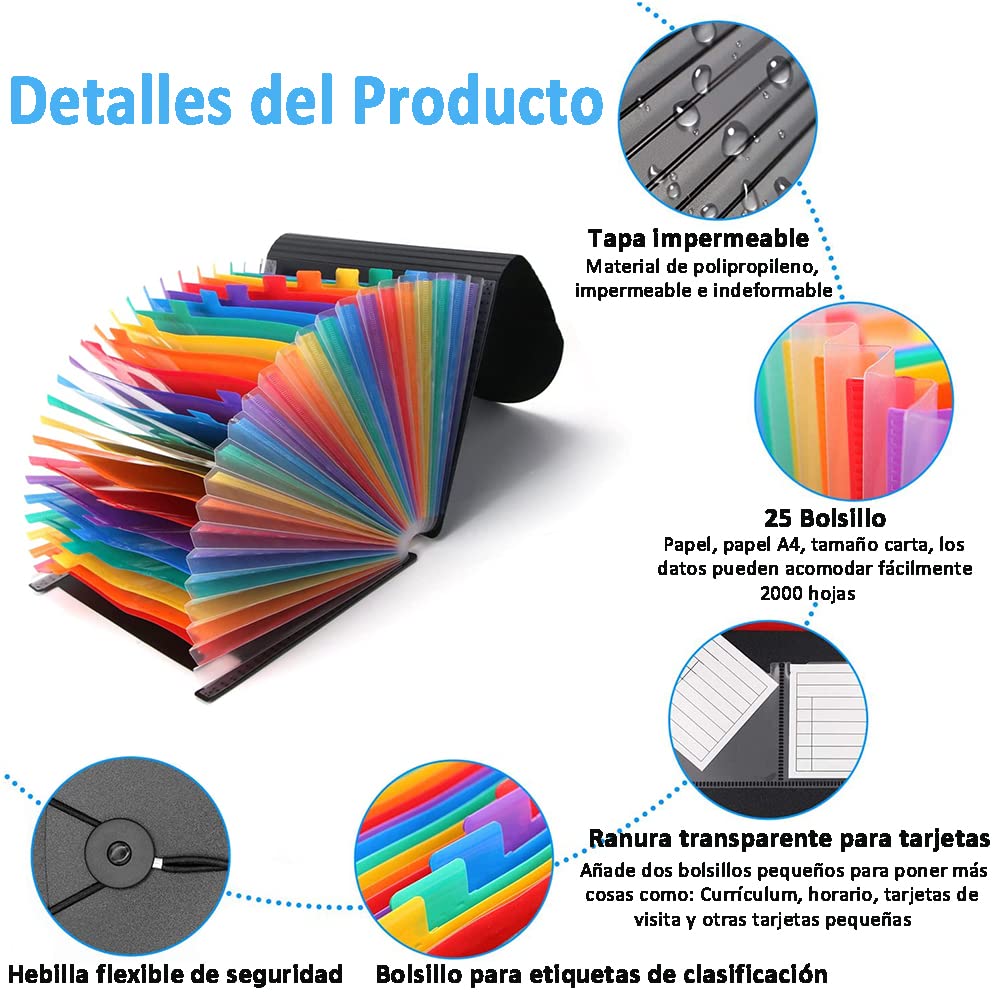 Sistema Archivo Plástico Carpeta Archivadora A4 Con 12 Compartimentos - Organización Por Colores, Cierre Elástico, Negro Carpeta Portátil Arcoíris