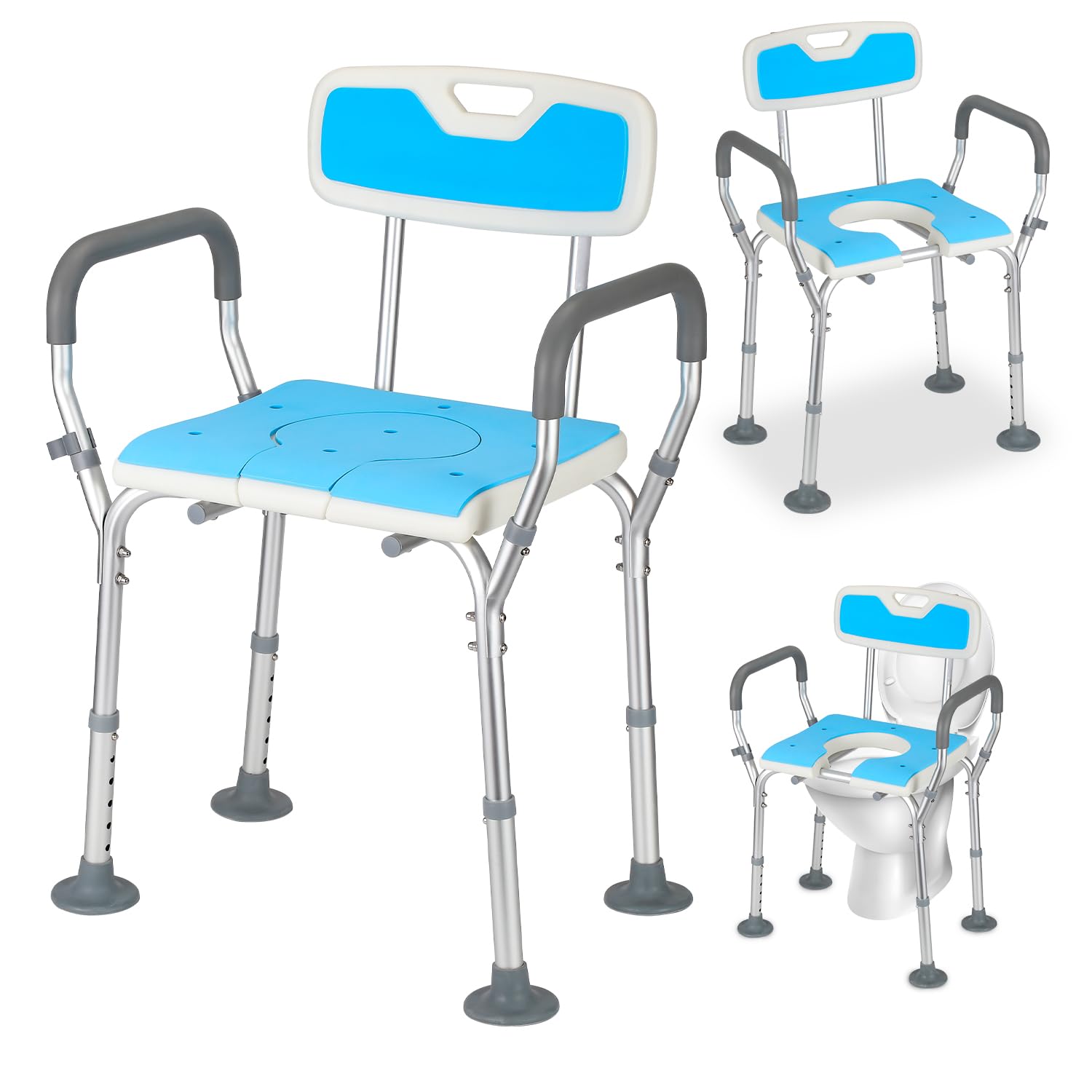 Taburete de ducha para personas mayores, asiento con respaldo, apoyabrazos, altura ajustable, cojín extraíble, antideslizante, ayuda a la ducha de aluminio