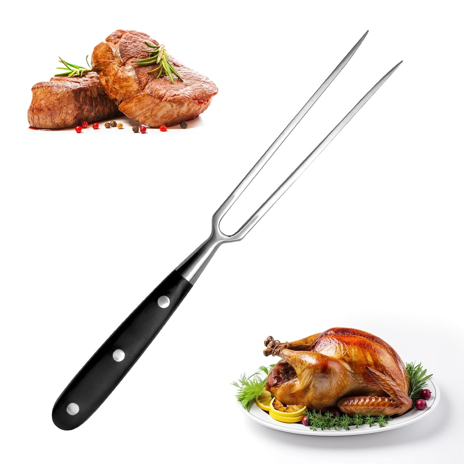 Fourchette à Viande Acier Inoxydable 30cm - Poignée Bois Olivier, Pour Barbecue Et Cuisine