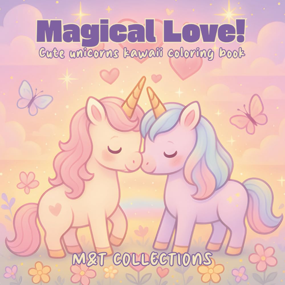 Magical Love: Cute unicorn Valentine’s Day kawaii coloring pages for kids and adults