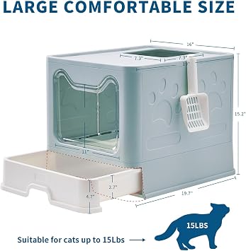 Medario Cat Litter Box with Litter Mat and Scoop(Blue) | Large Covered Litter Box with Lid, Enclosed Kitty Box, Front Entry Top Exit, Odor Control, Easy to Clean