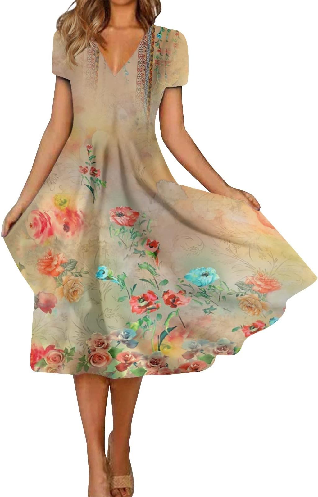 GenericWomen's Fall Dresses 2023 and All-Match Summer Temperament V Neck Printed Short Sleeved Dress Dresses Casual, S-5XL
