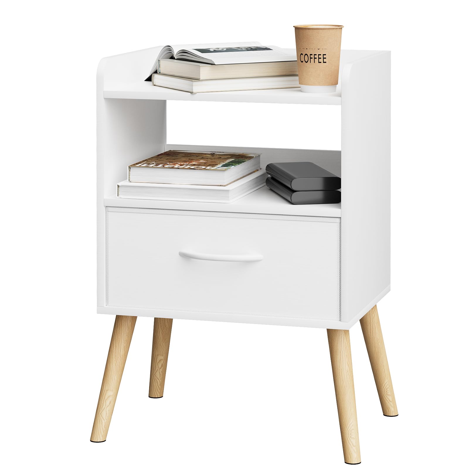 Schmaler Nachttisch Mit Stoffschublade & Offenem Regal – 40x30x62 Cm, Weiß