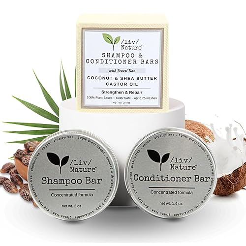 Juego de barra de champú y acondicionador con estuche de viaje  Fortalece y repara el cabello seco  Coco, aceite de ricino, manteca de karité