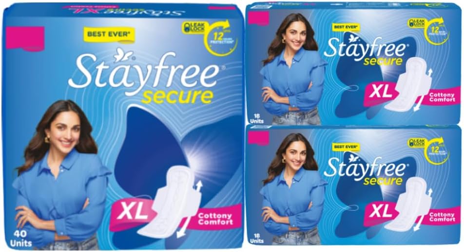 Stayfree Secure XL | Combo packs 76 Pads | Cottony Soft Sanitary Pads for Women | with Leak Lock Technology | Odour Control | Absorbs Upto 100% Fluid | Up to 12 Hours of Protection |