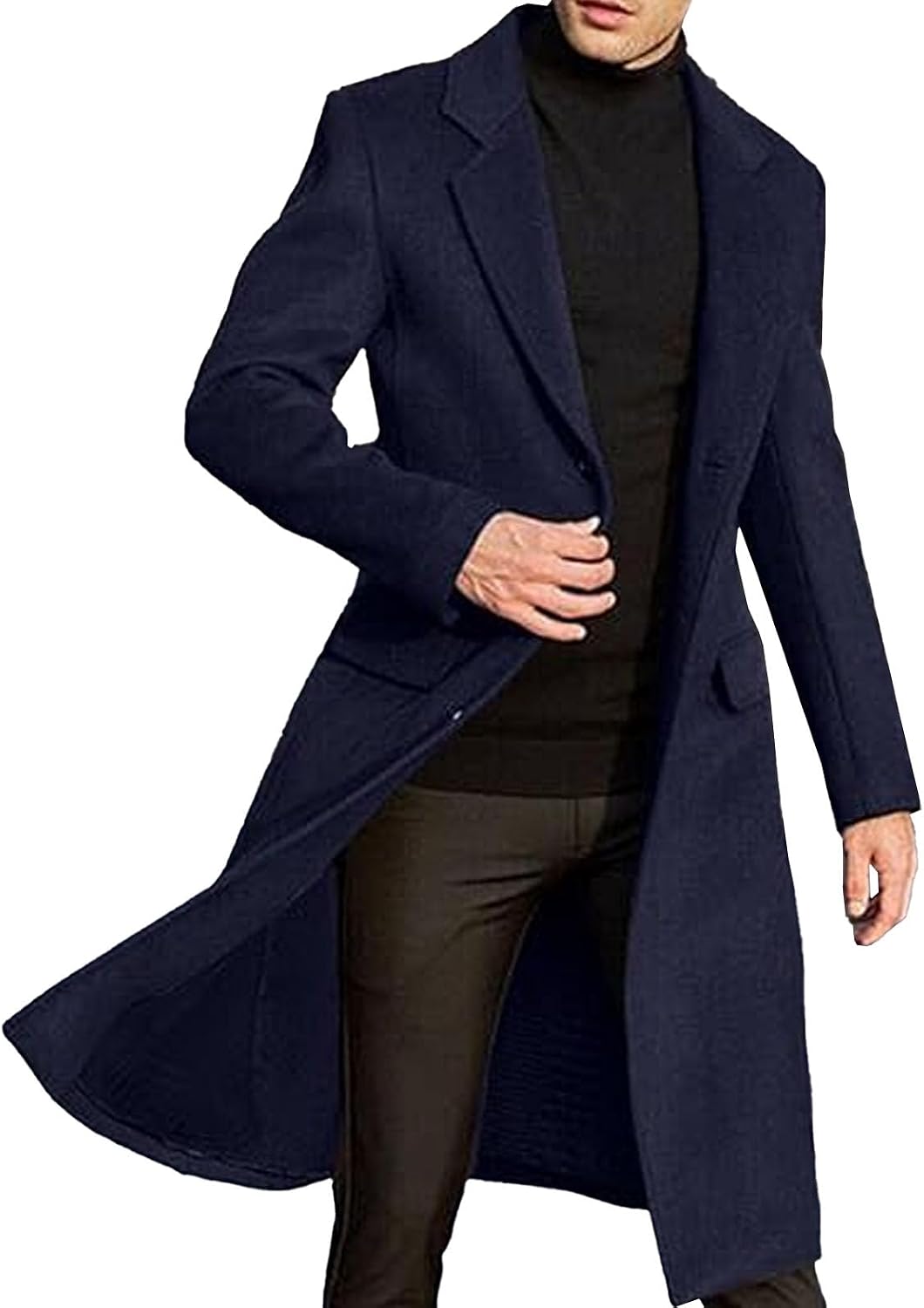 Maiyifu-GJ Men's Wool Blend Pea Coats Notched Lapel Single Breasted Overcoat Warm Winter Long Trench Coat Outerwear