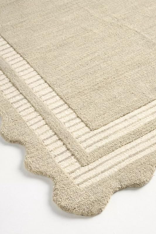 Image of Luxury Hand-Tufted 100% Wool Area Rug - 3x5 Ft, Soft Beige & Ivory with Elegant Scalloped Edge Border, Neutral Handmade Carpet with Cotton Backing for Living Room, Bedroom & Hallway
