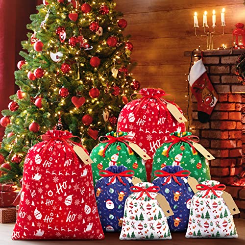 10 Pcs Christmas Drawstring Gift Bags With Tags, Xmas Gift Bags Assorted Sizes Bulk, Large Medium Small Holiday Gift Bags Cotton Fabric Gift Wrapping Bags For Christmas Presents Party Favor Goody Sack #TOP3