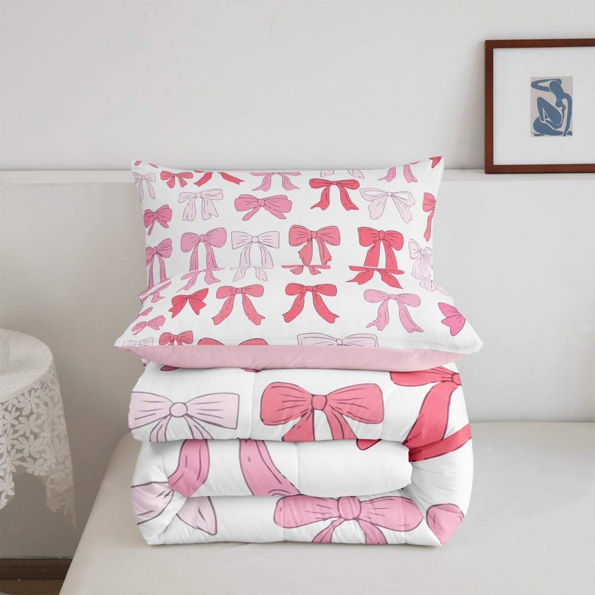 jejeloiu Pink White Bowknot Girly Bedding Set Cute Ribbon Bow for Kids Duvet Set Bow Pattern Twin Size Comforter Set Bedroom Decor Cartoon Cute Breathable Soft Quilt Set 2Pcs