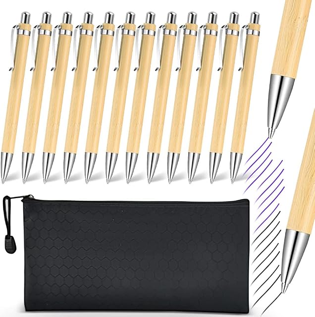 XAVSWRDE 12 PCS Bamboo Ballpoint Pens Set 1.0mm Medium Point Click Ball Pens Natural Retractable Pen Smooth Writing Pens School Office Supplies with File Bags A6 for Kid Students, Black Ink & Blue Ink