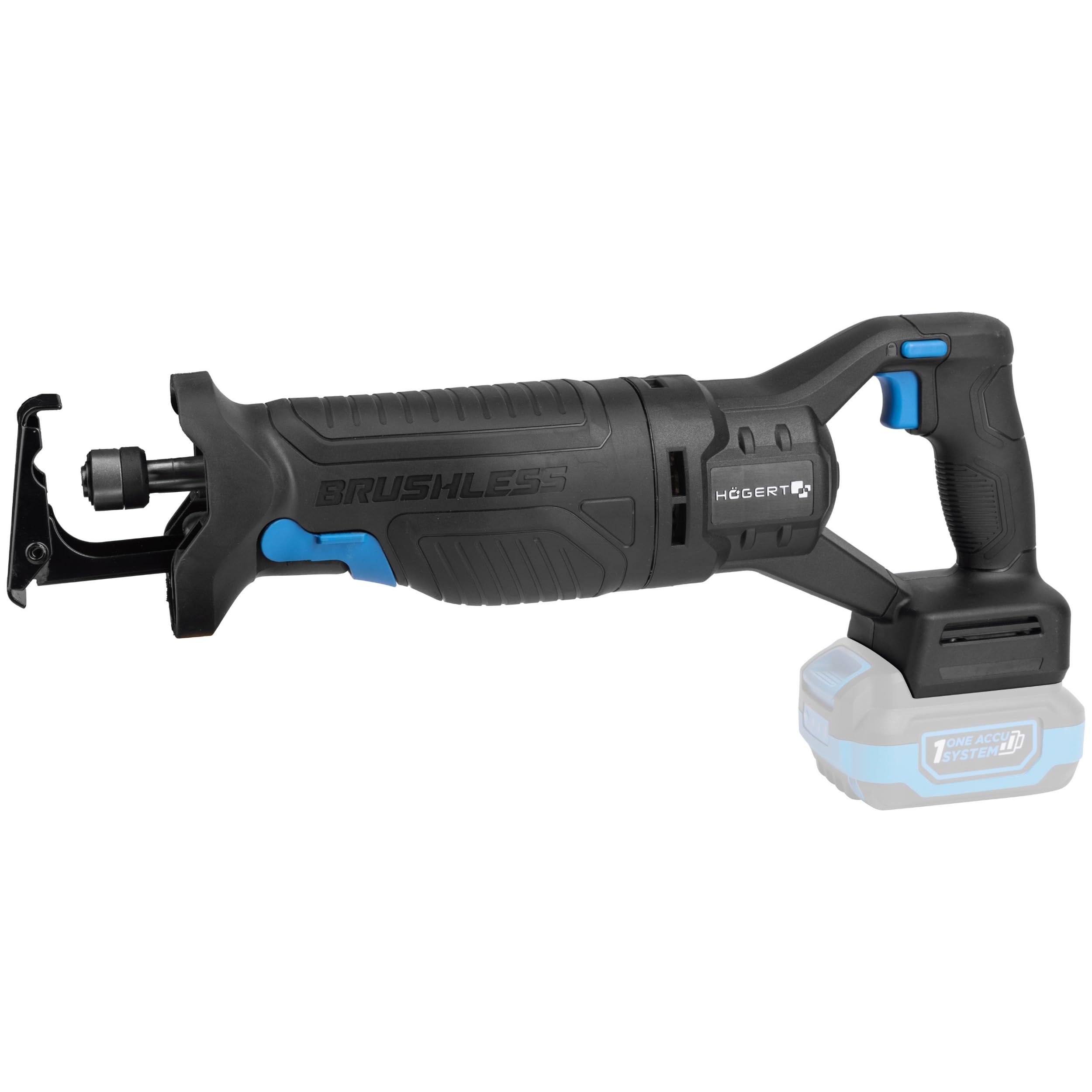 HÖGERT TECHNIK Sega a gattuccio a batteria 18V, motore brushless, senza fili, 0-3000 giri/min, corsa lama 28 mm, cambio lama senza attrezzi, ingranaggi in metallo, impugnatura antivibrazione