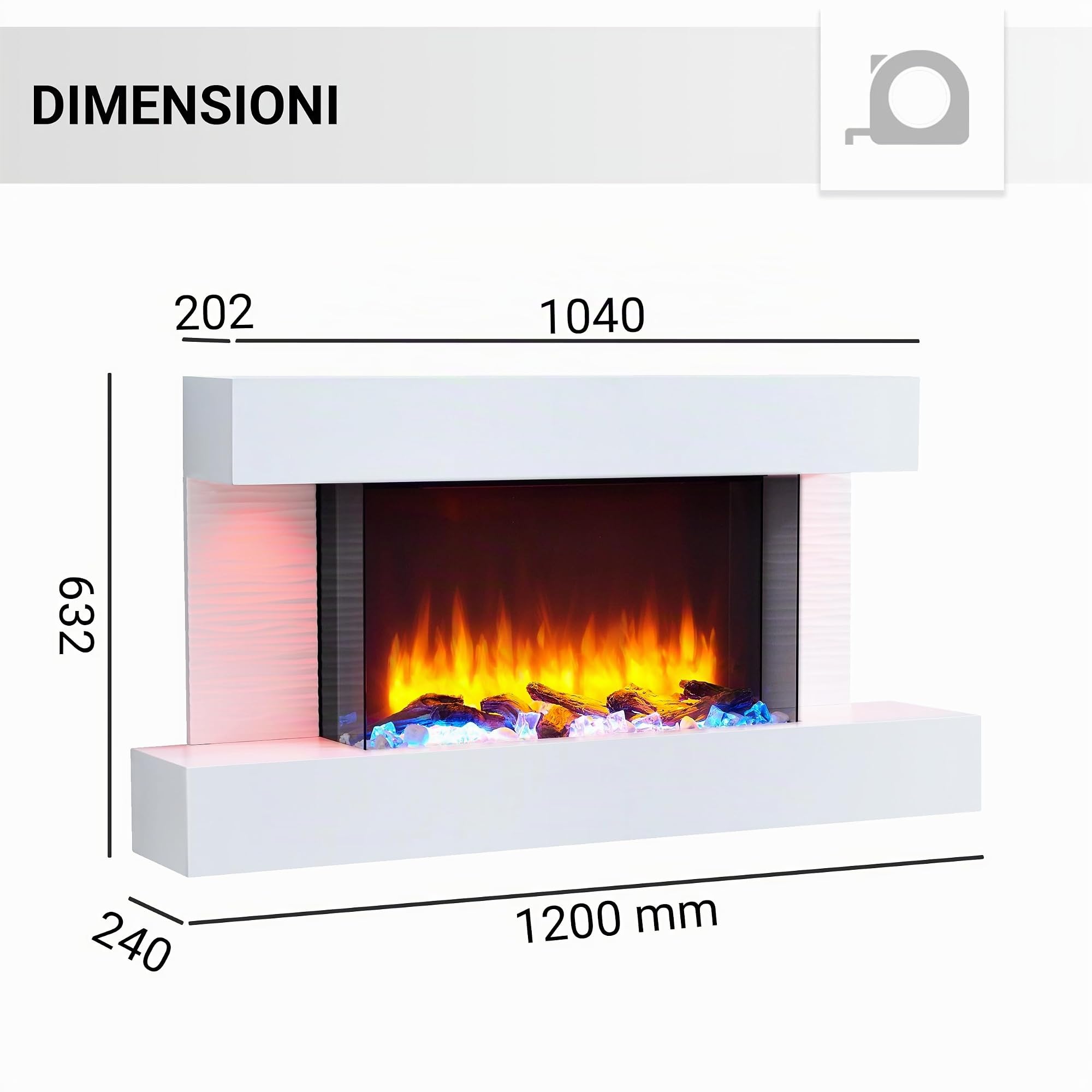 BALDERIA Camino Elettrico Aieda | Caminetto da Parete con Effetto Fiamma 3D | Riscaldamento 2000 W | Focolare Sospeso con Telecomando, Timer, Termostato | Grigio