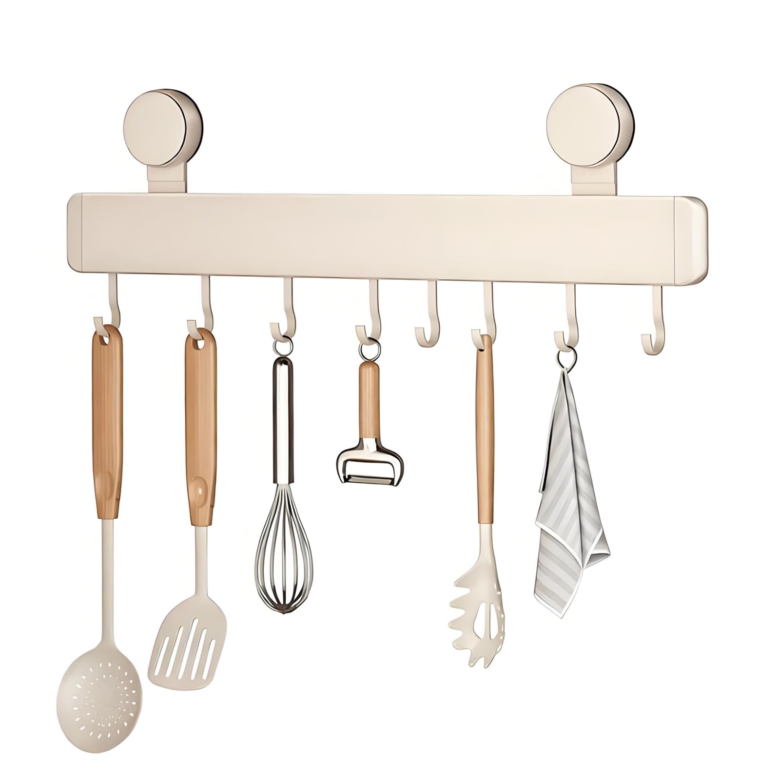 LCFVOFU Kitchen Utensil Rack with Suction Cup, No Drilling 40cm Kitchen Hanging Rail with 8 Kitchen Utensil Hooks Holder