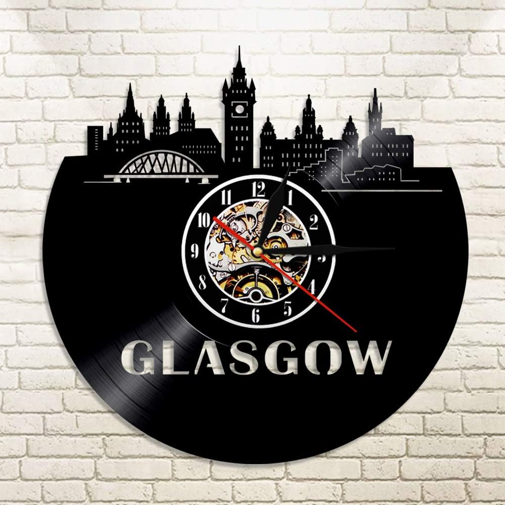CVG 1Piece Glasgow Skyline Vinyl Clock Scotland Wall Decor Scottish Gift Idea Glasgow Art Skyscrapers Architecture Cityscape Clock