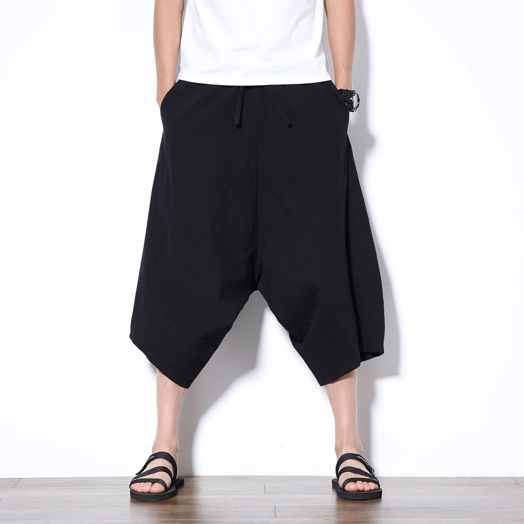 DOSLAVIDA Herren-Caprihose aus Baumwollleinen, leger, elastischer Bund, Baggy, Haremshose, leicht, lockere Passform, Yoga, Strand-Shorts