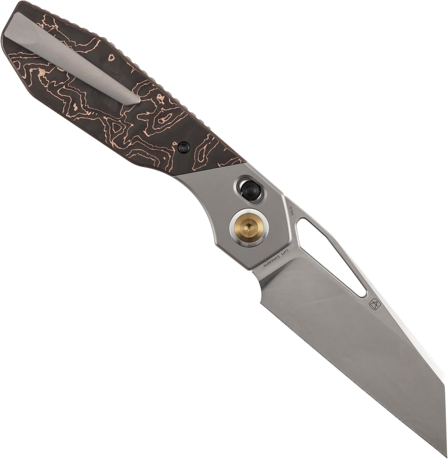 KANSEPT QTRO Pocket Knife, Wharncliffe 3.75''Stonewashed Elmax Steel Blade Thumb Hole, Beadblasted Titanium Inlay Copper Carbon Fiber Handle,Deep Clip for Men Women EDC Outdoor Camping Hiking K1118VA1