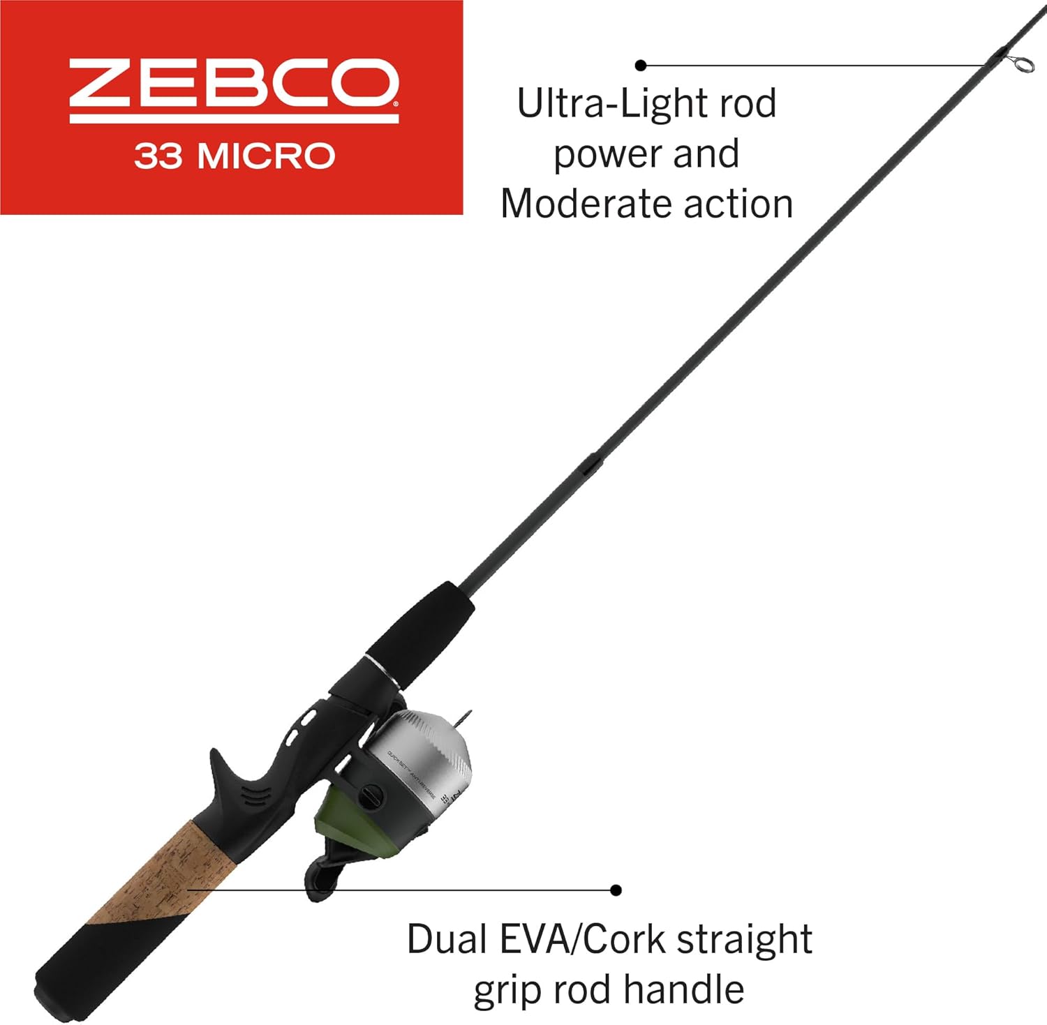 Zebco 33 Micro Adventure Spincast Reel and Fishing Rod Combo, 36-Inch Telescopic Rod, Ultra-Light Power, Moderate Action, Silver/Green