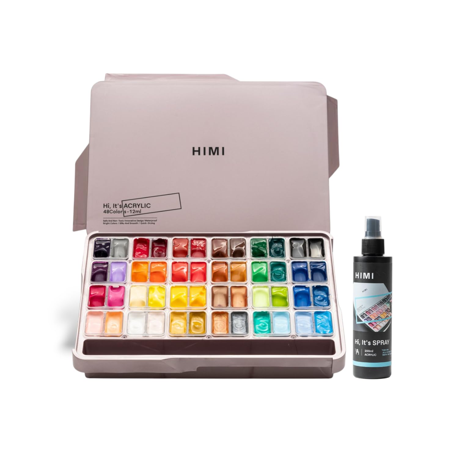 HIMI - Acrylic Paint - Twin Cups - 48 Colours - 12g Jelly Cups - Non Toxic Paint for Paper - Canvas and Professionals, Multicolour with 200 ml Acrylic Spray