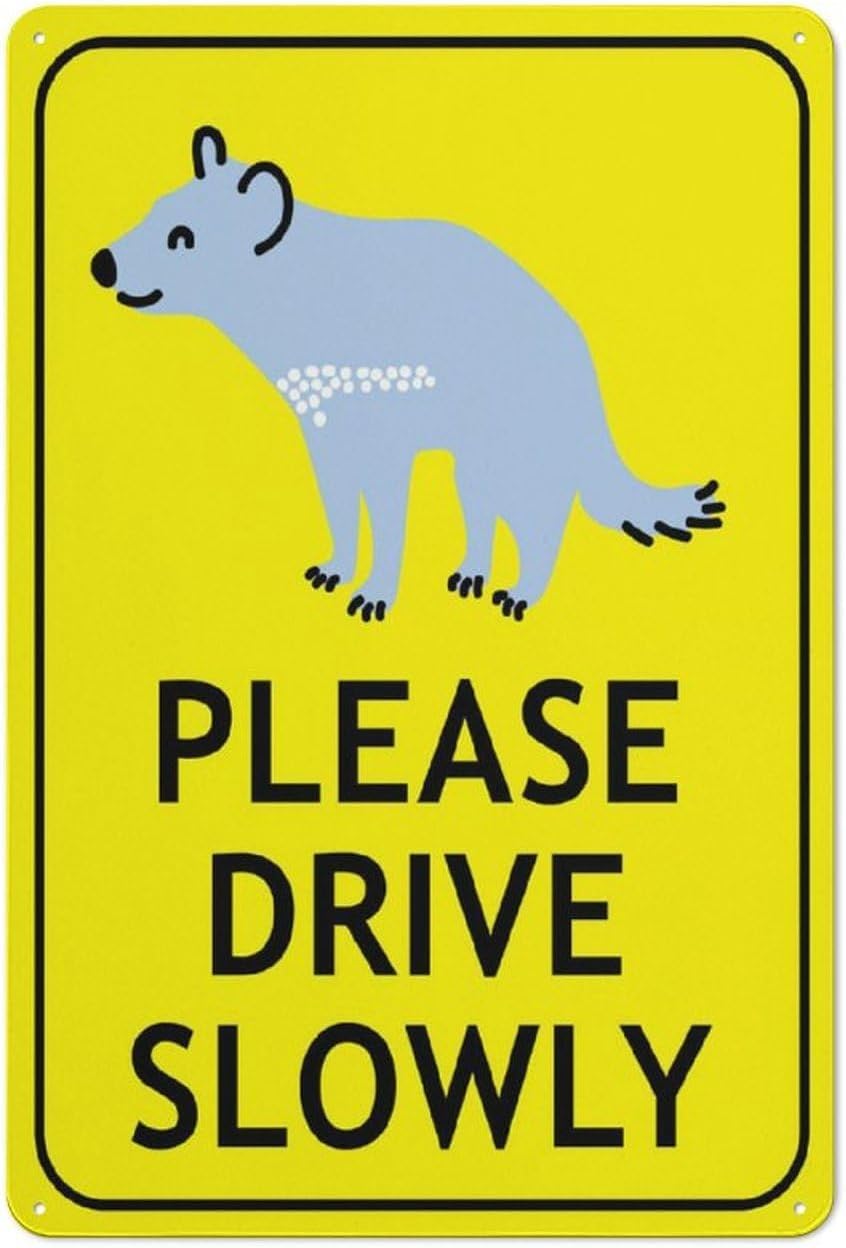 Tasmanian Cartoon Devil Please Drive Slowly Bright Yellow Rust Free Aluminum Sign - Outdoor Decor with Pre-Drilled Holes for Home, Business Yard - 12x8 Inch​