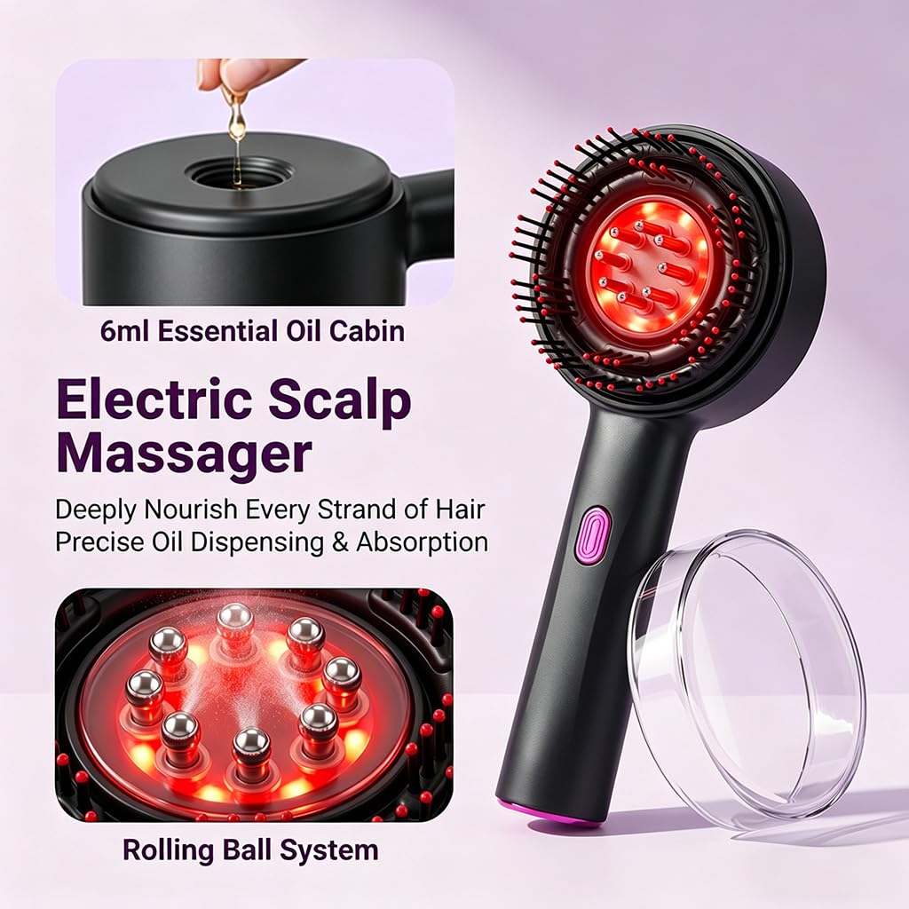 Brosse Massage Cuir Chevelu 3 en 1 Brosse Massante Cuir Chevelu Scalp Massager Masseur Tete Lumière Rouge & Applicateur d'Huile 6ml pour Soin Détendre Musculaire
