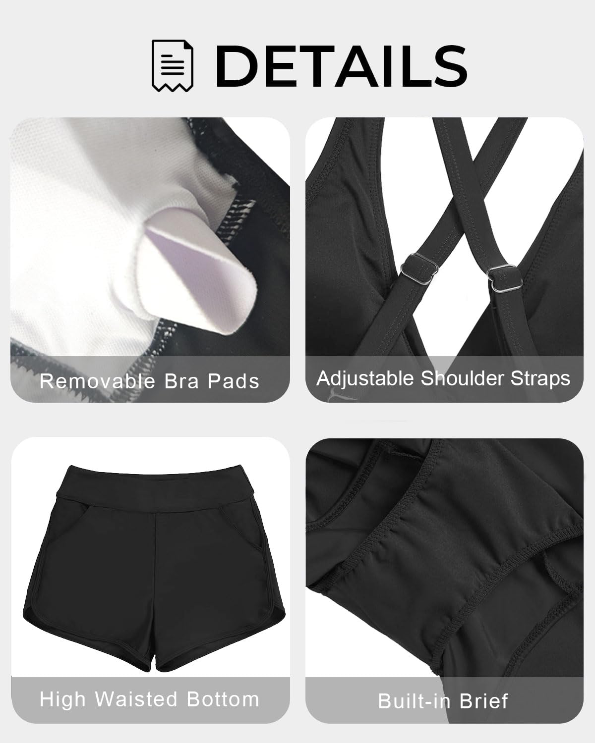 CheChury Femmes 2 Pièces Maillot de Bain Tankini Shorty avec Poches Elégante Col en V Top Bikini Maillot de Plage Taille Haute Amincissant Tankini
