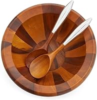 Vista 4 de Nambe Yaro - Ensaladera de madera de acacia con 2 servidores de ensalada, hecho de aleación de madera de acacia, cuencos grandes de madera profunda