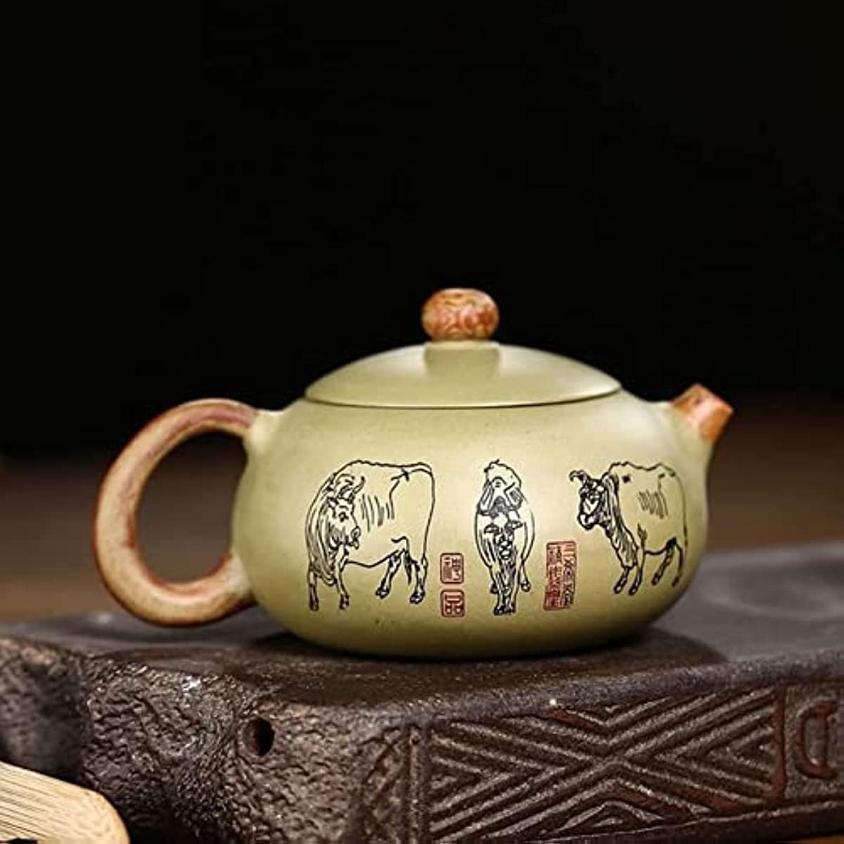 Set da tè Cinese Gongfu, teiere Cinesi in Argilla Viola da 260 ml, teiera in Argilla Verde con Filtro in Minerale Grezzo, bollitore Xishi a Cinque Mucche Dipinto a Mano