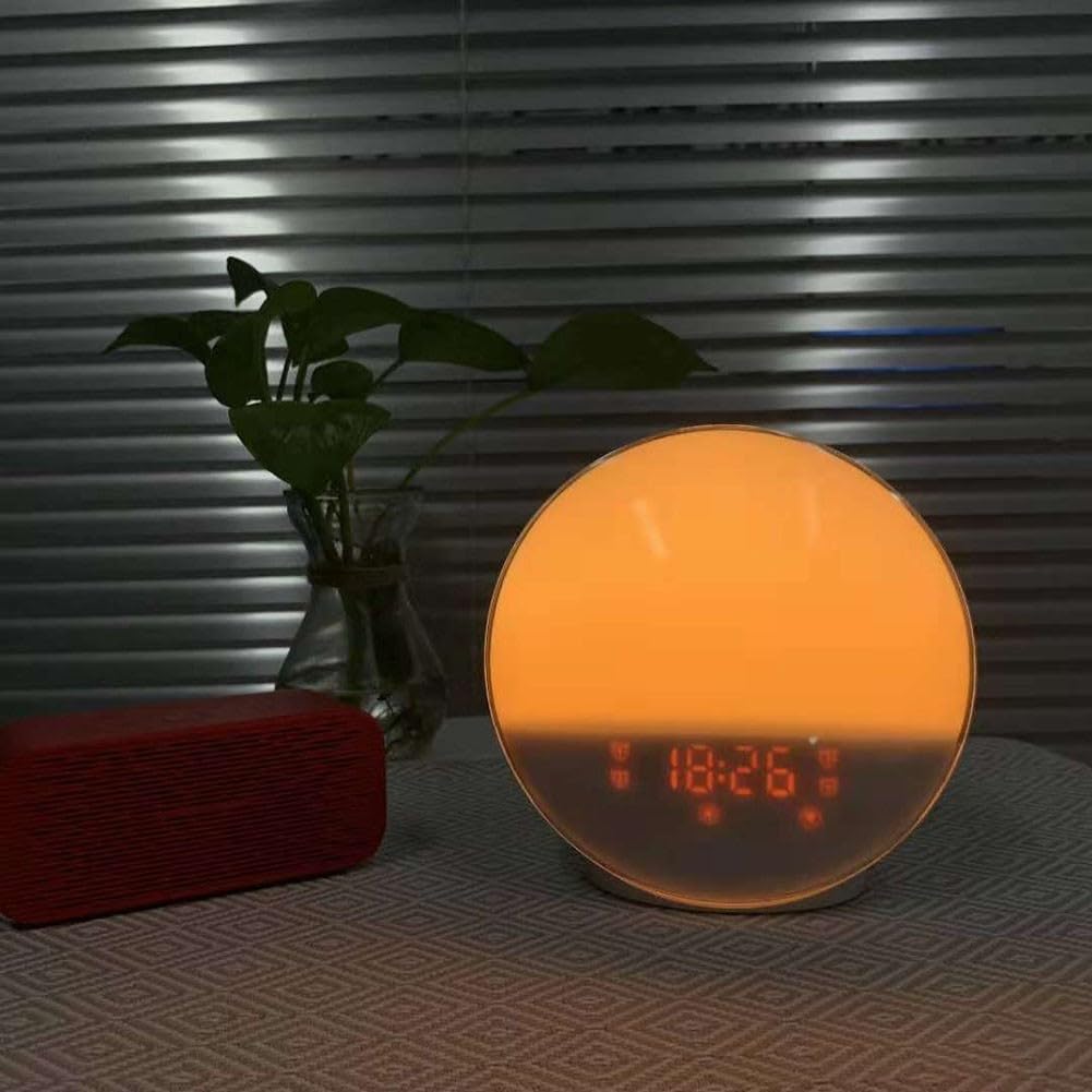 SPORTARC Reloj despertador con luz de despertador, luz de despertar con simulación de amanecer y atardecer, reloj despertador electrónico con luz nocturna LED con radio FM