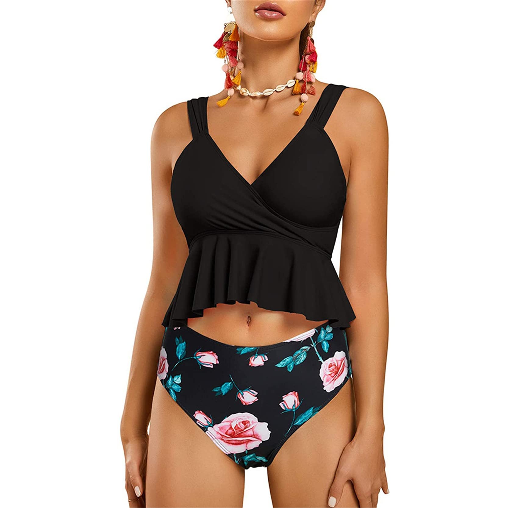 Donna Due Pezzi Elegante Bikini Swimwear, Womens High Waist Bikini Set Ruffle 2 pezzi Costume da bagno Costume da bagno imbottito Costumi da bagno wirefree Top + Costume da bagno in basso Vestito da b