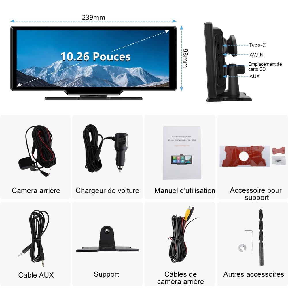 AWESAFE Écran Carplay Voiture & Android Auto,10,26” avec Dashcam Avant 4K, Caméra Arrière 1080P Inclus, Commande Vocale, BT/GPS/FM/AUX