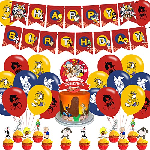 Ezcpigei Looney Tunes Birthday Party Supplies - Banner, 18 Balloons, 12 Cupcake Toppers - Red,...