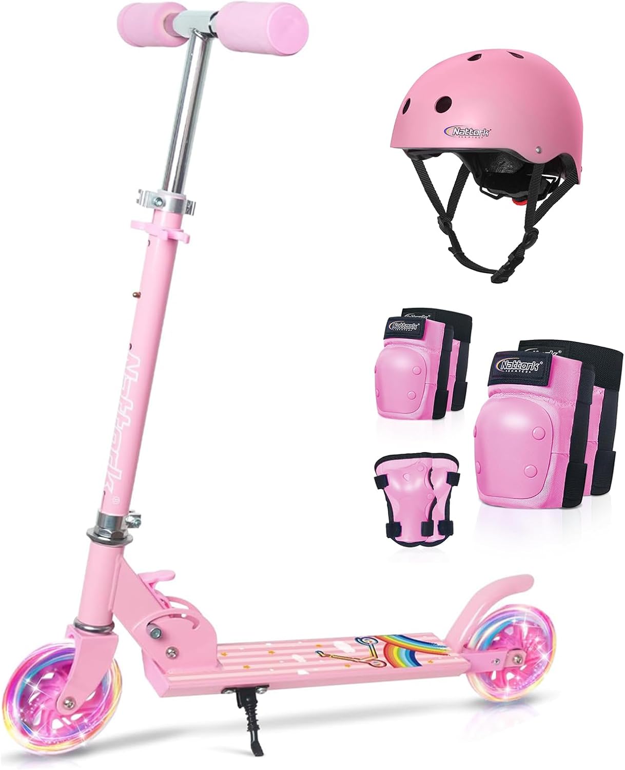 Nattork Scooter with Helmet & Knee Pads Protection for Kids Ages 3-8 Light up Wheels up to 110 Lbs