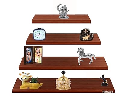 Redwud Aline Multipurpose Wooden Wall Shelf/Wall Decor Shelf/Wooden Shelves/Display Rack Wall Decor Shelf/Wall Shelves for Living Room Bedroom Office(Walnut) Set of 4