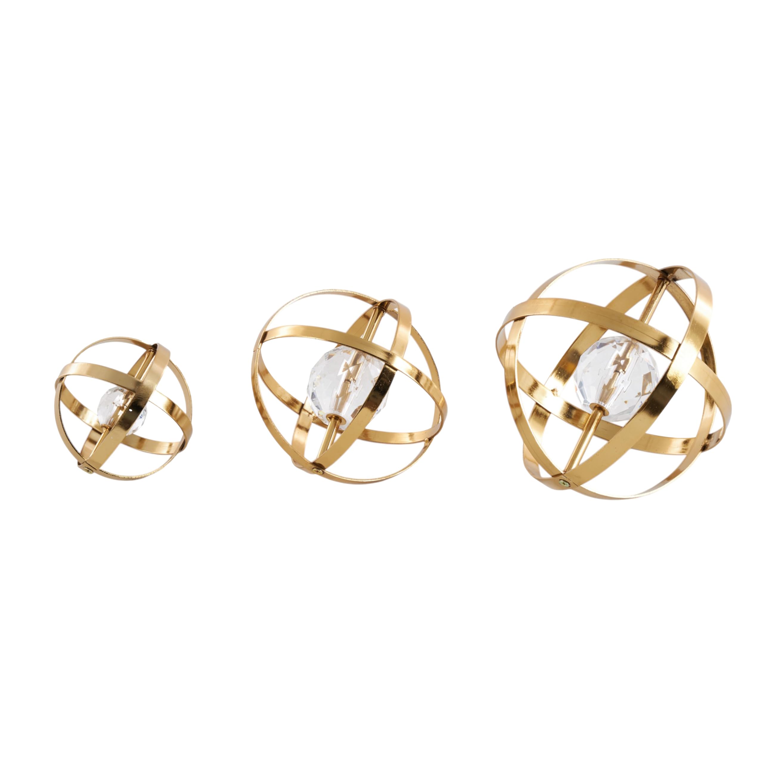Deco 79Metal Geometric Decorative Sculpture Orb Home Decor Statues with Acrylic Center, Set of 3 Accent Figurines 8", 6", 4"D, Gold