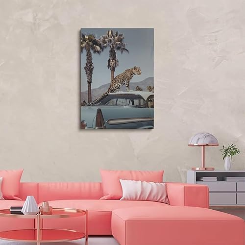 Miniatura 5 de Arte de pared vintage de leopardo junto a la piscina y el automóvil, impresión retro de mediados de siglo sin marco, 16 x 24 pulgadas