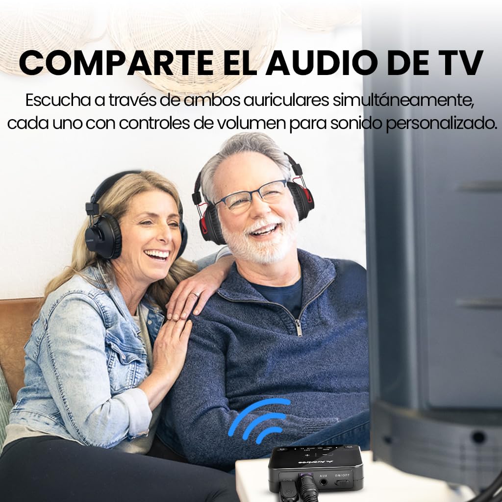 Avantree HT41899 Plus 2 - Dual Auriculares Inalámbricos TV Bluetooth 5.3 con Transmisor, Bases de Carga, aptX Adaptive y Baja Latencia, Compatible con Salida Óptica y AUX 3,5 mm