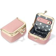Genuine Leather Mini Jewelry Box Coin Purse for Women,Solid Color Kiss Lock Jewelry Case Organizer,Mini Travel Ring Box, Pink, Pouch