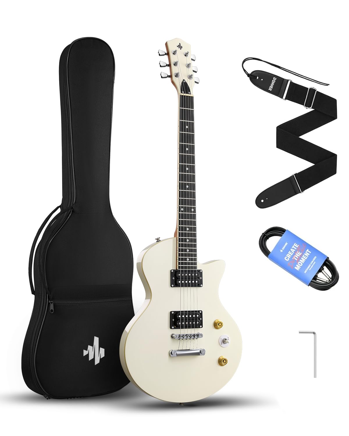 Donner DSC-128 Electric Guitar, 39" Solid Body Beginner Full Size Kit, H-H Pickup with Gig Bag, Strap, White