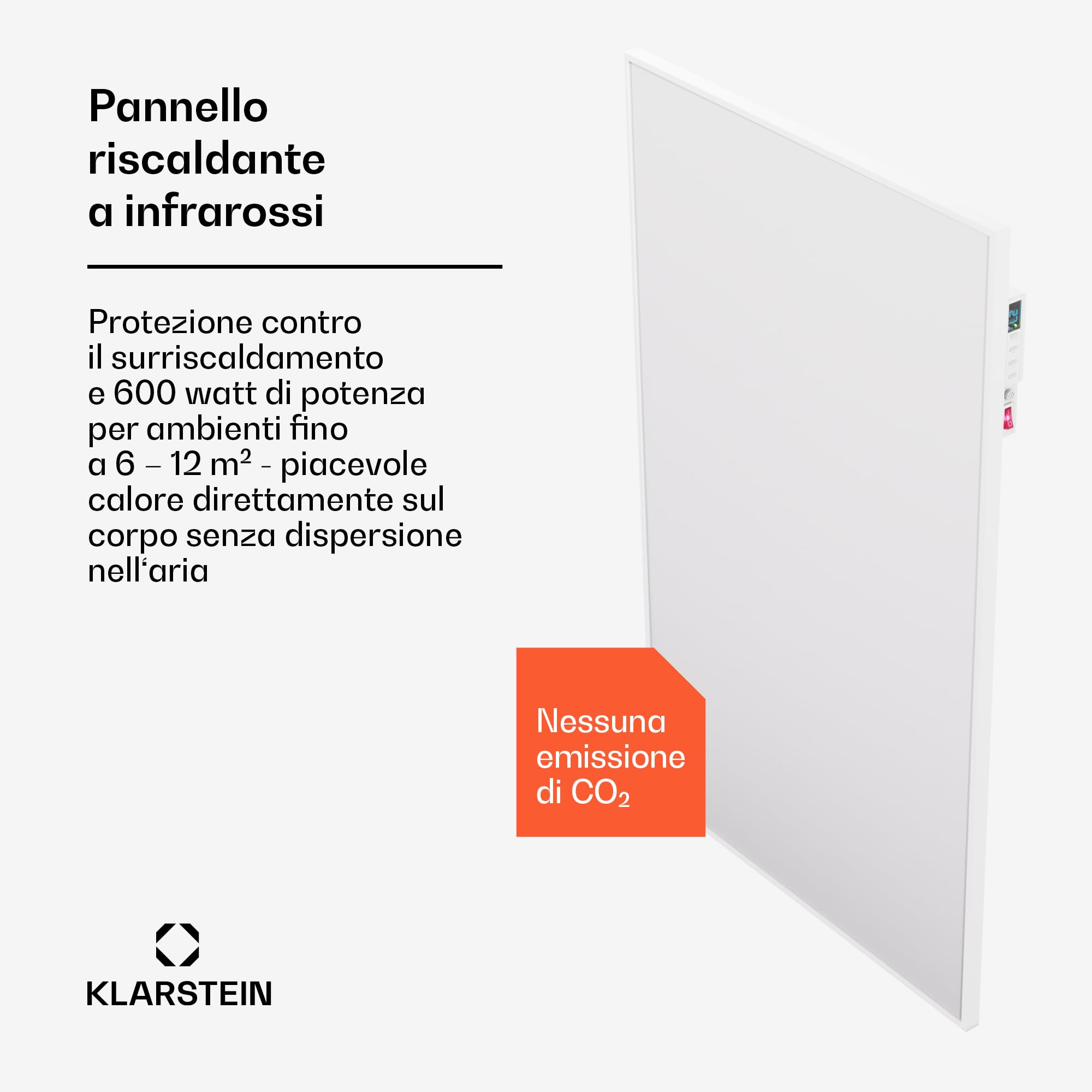Klarstein Stufa Elettrica a Raggi IR Basso Consumo 600W con Telecomando, Timer e WiFi App, Pannello Radiante per Riscaldamento Domestico, No CO2